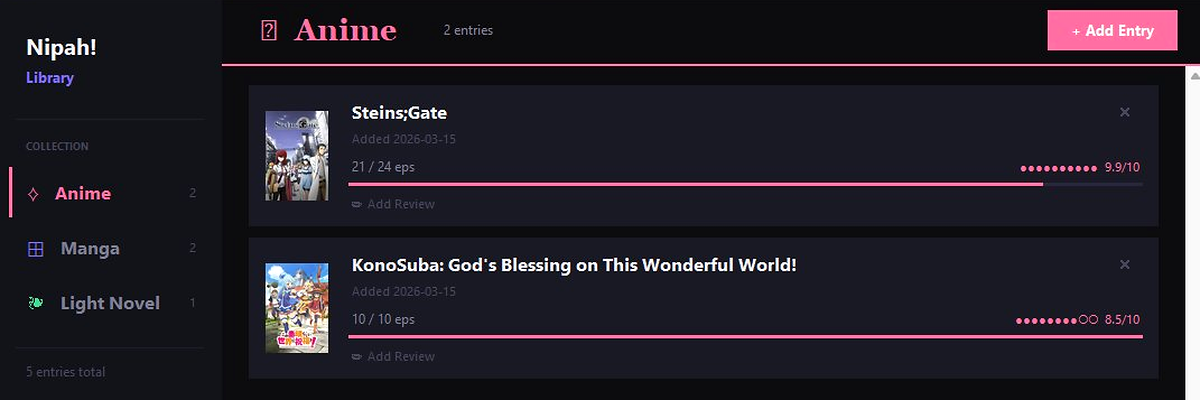 Nipah! Library screenshot — Anime view